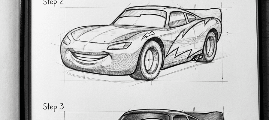 tutorial-step-2 12 Sketch tutorial of a smiling race car in three steps on a drawing pad, showcasing design progress and artistic techniques. | Sky Rye Design Sketch tutorial of a smiling race car in three steps on a drawing pad, showcasing design progress and artistic techniques.