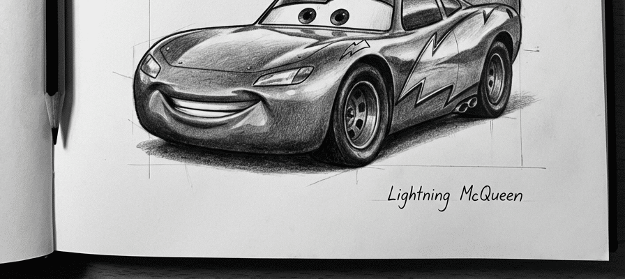tutorial-step-3 11 Sketch of a cartoon race car with large eyes and a smiling face, labeled Lightning McQueen, drawn in a sketchbook. | Sky Rye Design Sketch of a cartoon race car with large eyes and a smiling face, labeled Lightning McQueen, drawn in a sketchbook.
