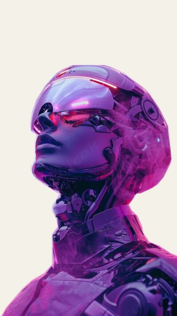 Futuristic cyborg with neon lights in a purple hue, showcasing advanced technology and AI concepts. AI illustration