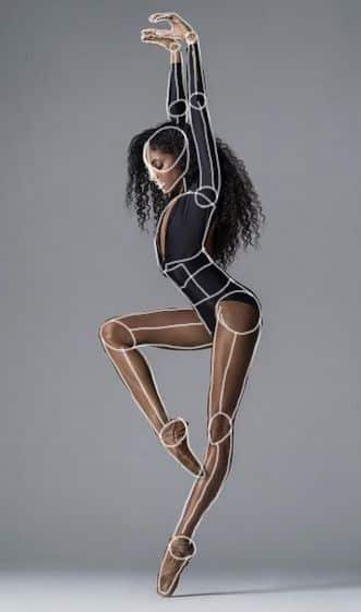 Dancer in black leotard striking a pose, showing movement and balance, with lines and circles highlighting joints.