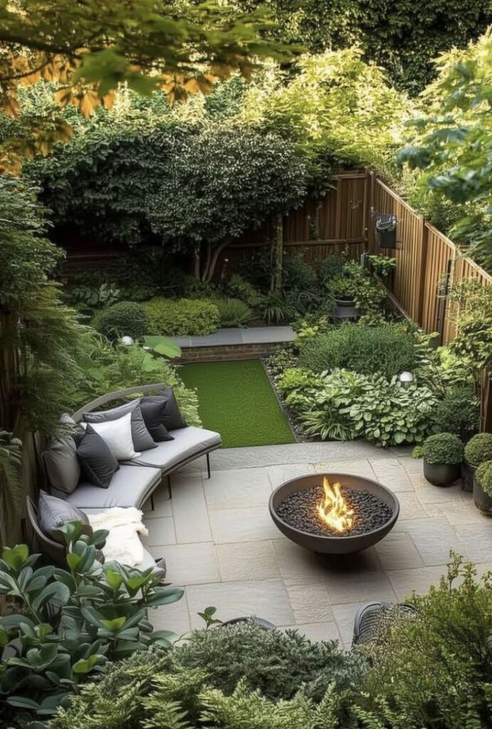 Screenshot Cozy garden patio with fire pit, lush greenery, sectional sofa, and wooden fence for a tranquil outdoor retreat. | Sky Rye Design Cozy garden patio with fire pit, lush greenery, sectional sofa, and wooden fence for a tranquil outdoor retreat.