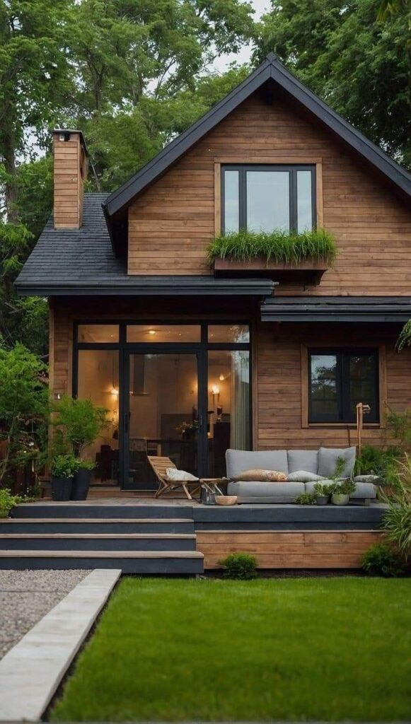 Modern wooden house exterior with lush garden, large windows, and cozy outdoor seating.
