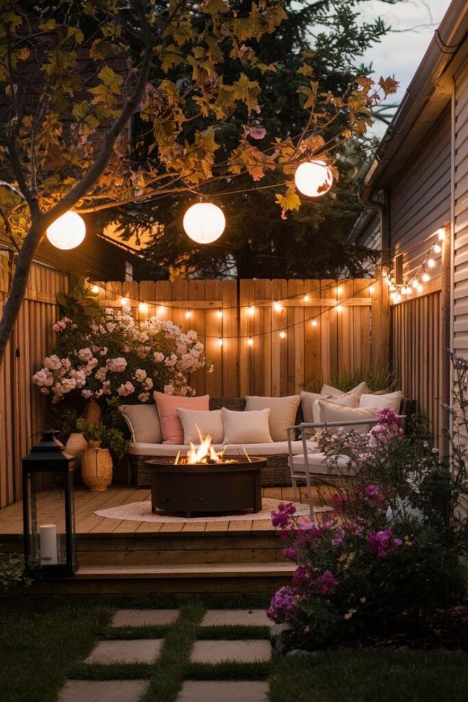 _ Cozy backyard patio with string lights, seating, fire pit, and blooming flowers for a perfect evening retreat. | Sky Rye Design Cozy backyard patio with string lights, seating, fire pit, and blooming flowers for a perfect evening retreat.