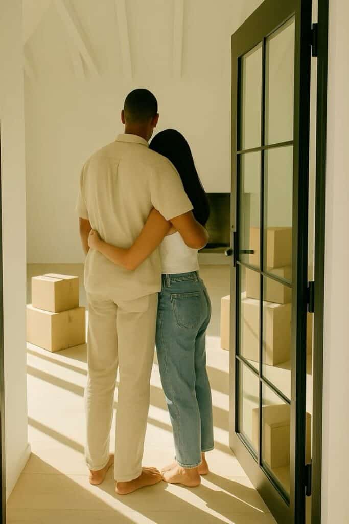Couple embracing in sunny new home with moving boxes around, entering through glass door.