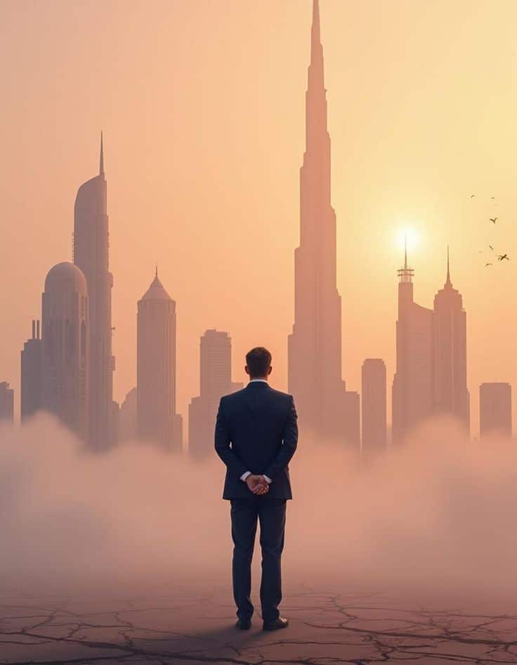 _ Man in suit gazing at futuristic cityscape in foggy dawn, tall skyscrapers illuminated by rising sun. | Sky Rye Design Man in suit gazing at futuristic cityscape in foggy dawn, tall skyscrapers illuminated by rising sun.