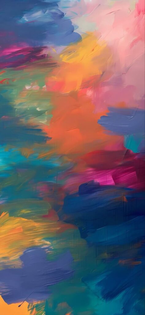 Vibrant abstract painting with bold strokes of blue, orange, pink, and green, creating a dynamic and colorful effect.