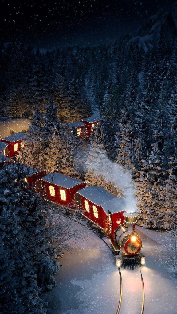 _ Red train winding through snowy forest at night, lights glowing warmly, creating a magical winter scene. | Sky Rye Design Red train winding through snowy forest at night, lights glowing warmly, creating a magical winter scene. Winter wallpapers