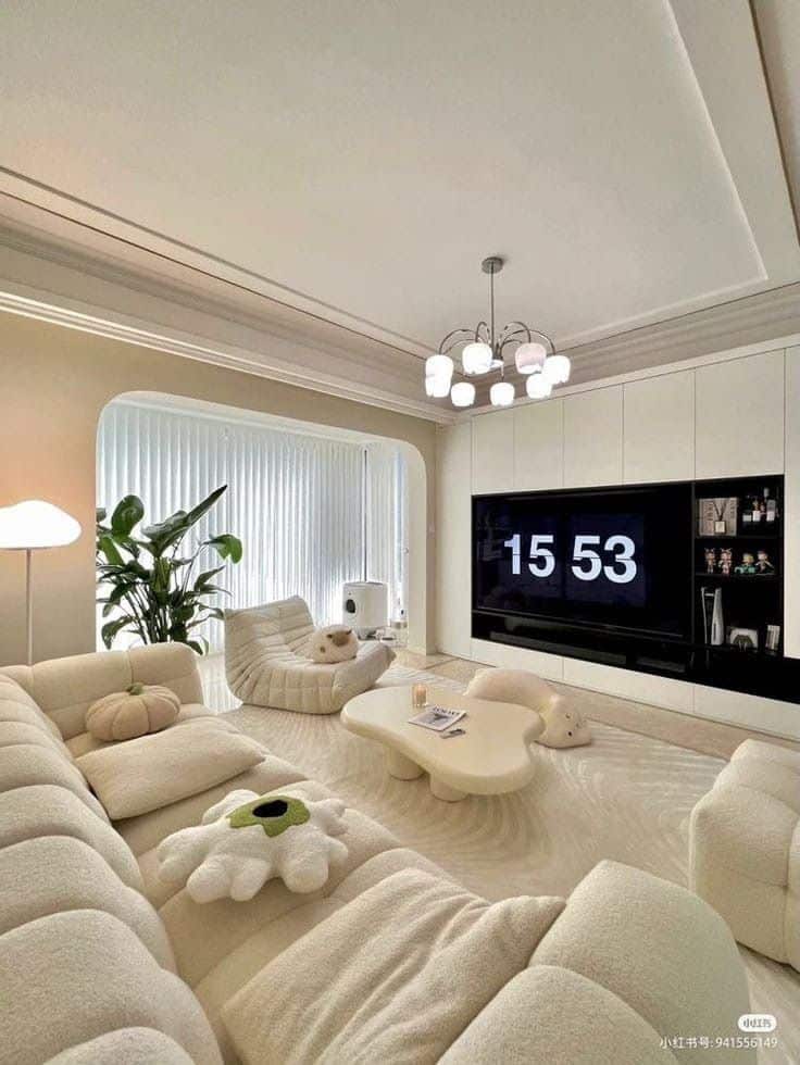 Modern living room with beige sofa, TV displaying 15:53, chic decor, and lush plant accent.