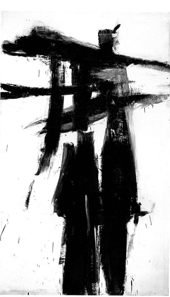 Abstract black brush strokes on white canvas, expressive modern art.