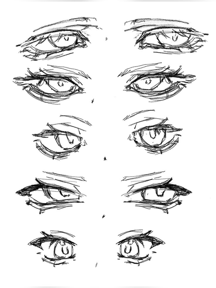 Pencil sketches of various anime-style eyes, showcasing different emotions and angles on a white background.