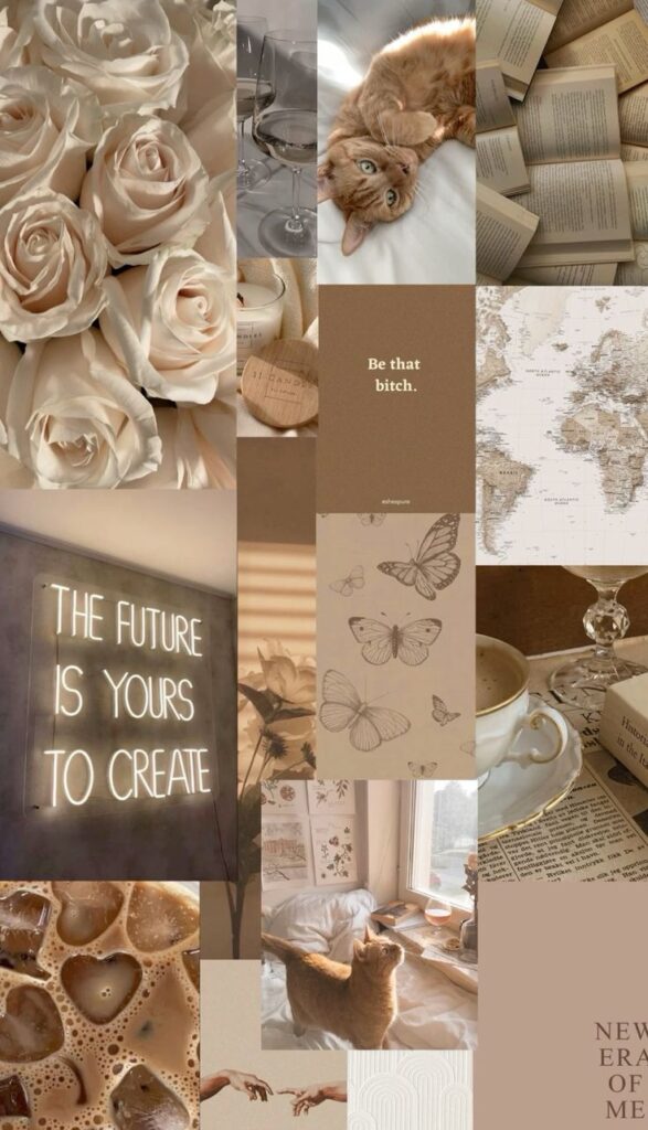 wallpaperiphoneaestheticbeige Aesthetic mood board with roses, a cat, books, coffee, butterflies, a world map, and motivational quotes. | Sky Rye Design Aesthetic mood board with roses, a cat, books, coffee, butterflies, a world map, and motivational quotes.