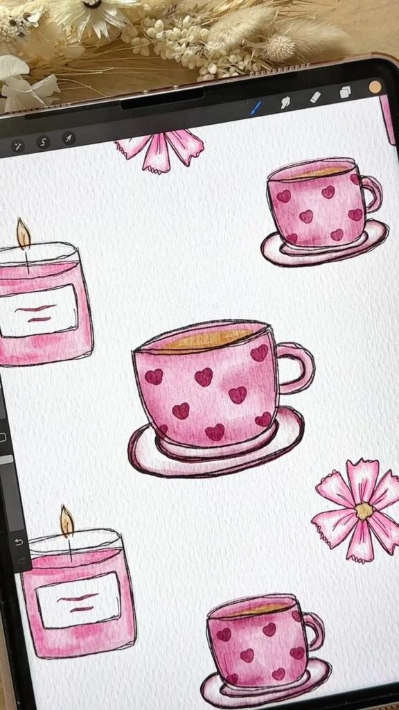 Illustrated pink teacups with hearts and candles on a digital art canvas, surrounded by flowers.