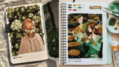 Artistic sketchbooks featuring nature-inspired paintings with a focus on greenery, blossoms, and serene female figures.