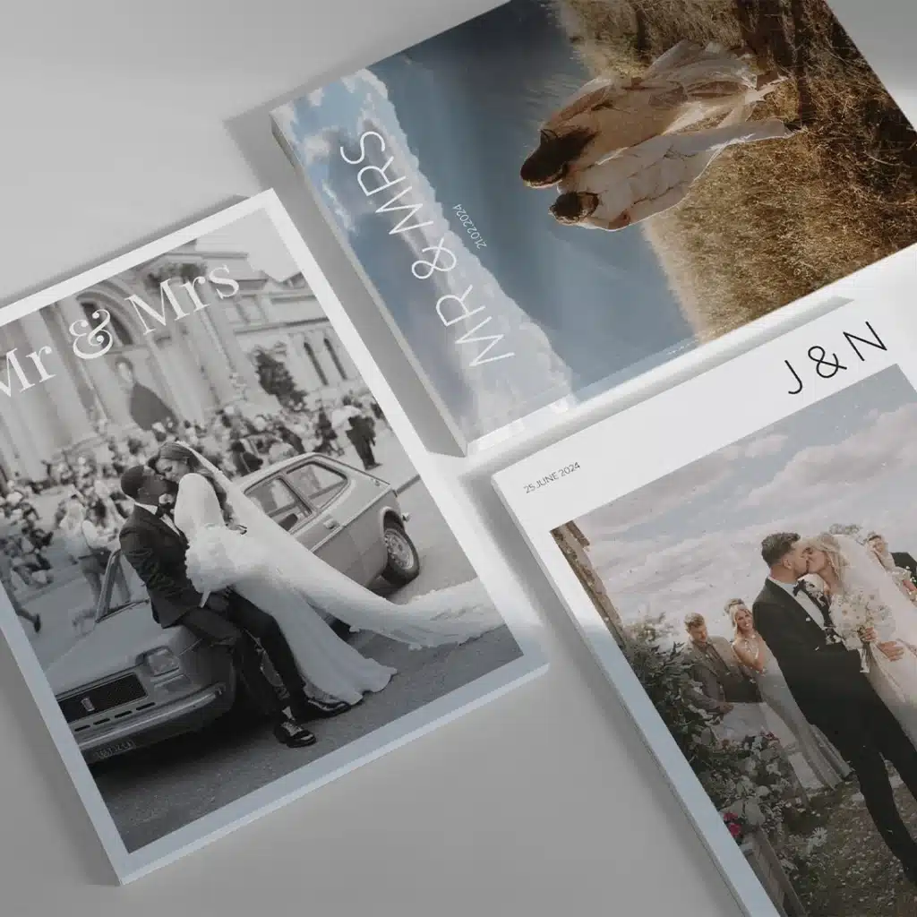 Wedding photo albums featuring couples in romantic settings, with elegant covers labeled Mr & Mrs and J & N.