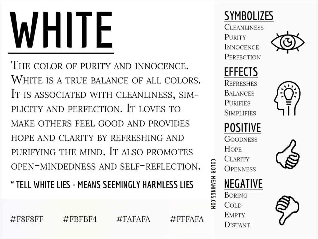 Image explaining the symbolism and effects of the color white, emphasizing purity, balance, and clarity.