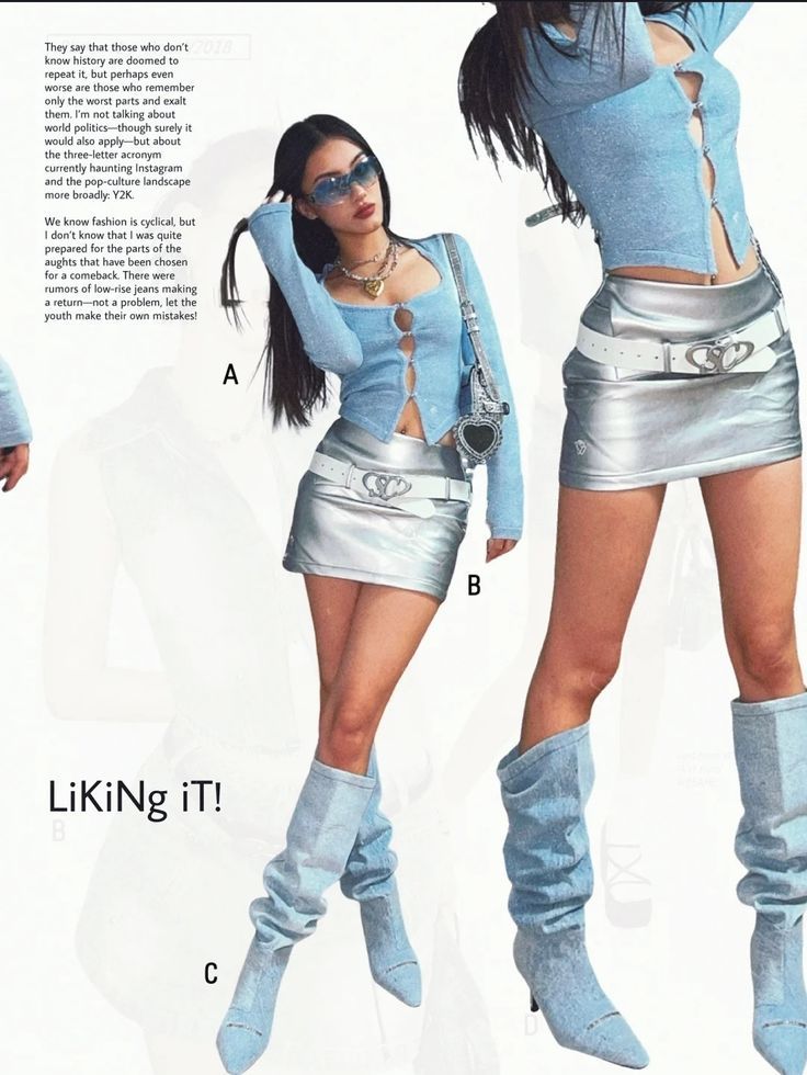 Y2K fashion revival with blue cropped cardigan, metallic mini skirt, and matching boots on a stylish model.