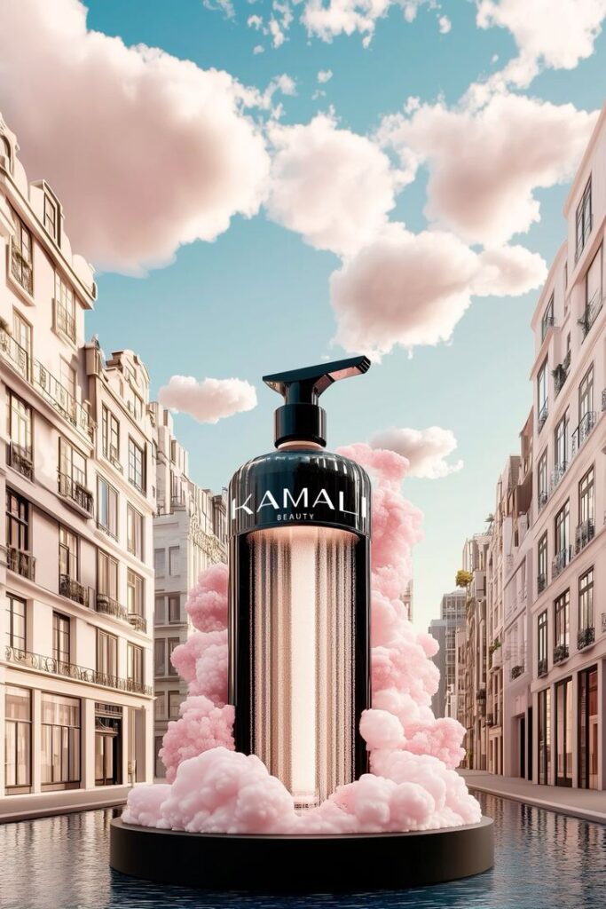 KAMALI Beauty bottle surrounded by pink clouds in a cityscape setting under a blue sky.