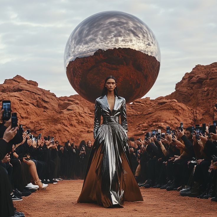 Model in metallic gown on rocky runway with crowd and large reflective sphere in the background.