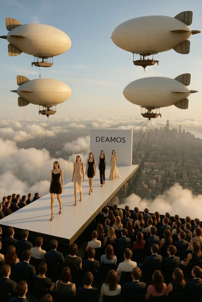 High-fashion runway show on an elevated platform with zeppelins and a cloud-covered cityscape below.