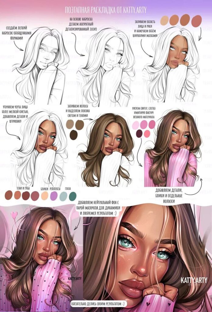 Digital art tutorial showing step-by-step process of drawing and coloring a girl's portrait.
