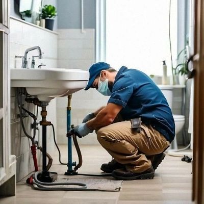 Plumber fixing a bathroom sink pipe, wearing a mask and uniform, ensuring proper sanitation and plumbing maintenance.