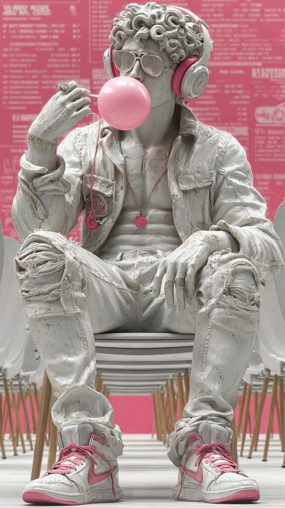Modern statue with headphones, sunglasses, and chewing gum, blending classical art with contemporary streetwear style. AI for art