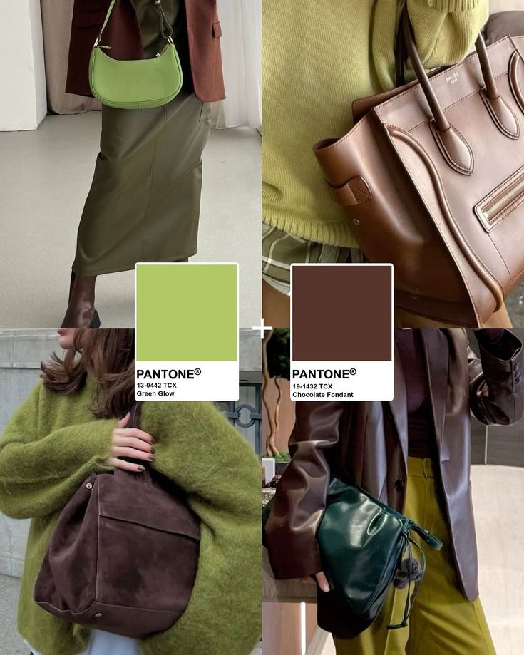 Fashionable outfits with green and brown hues, featuring handbags in Pantone colors Green Glow and Chocolate Fondant.