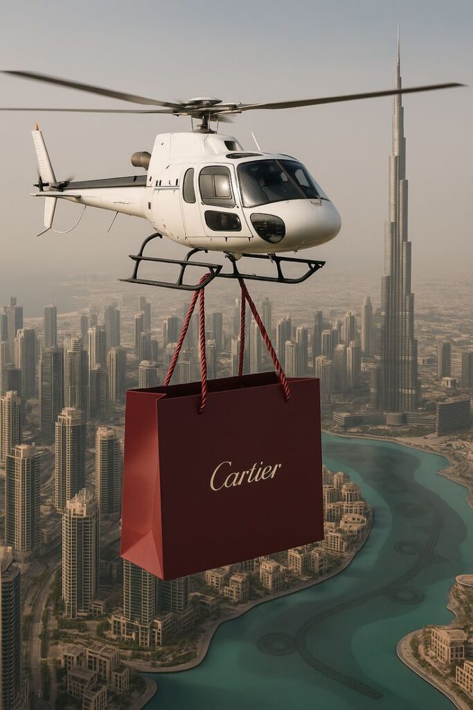Helicopter carrying Cartier shopping bag over Dubai skyline, Burj Khalifa in background.