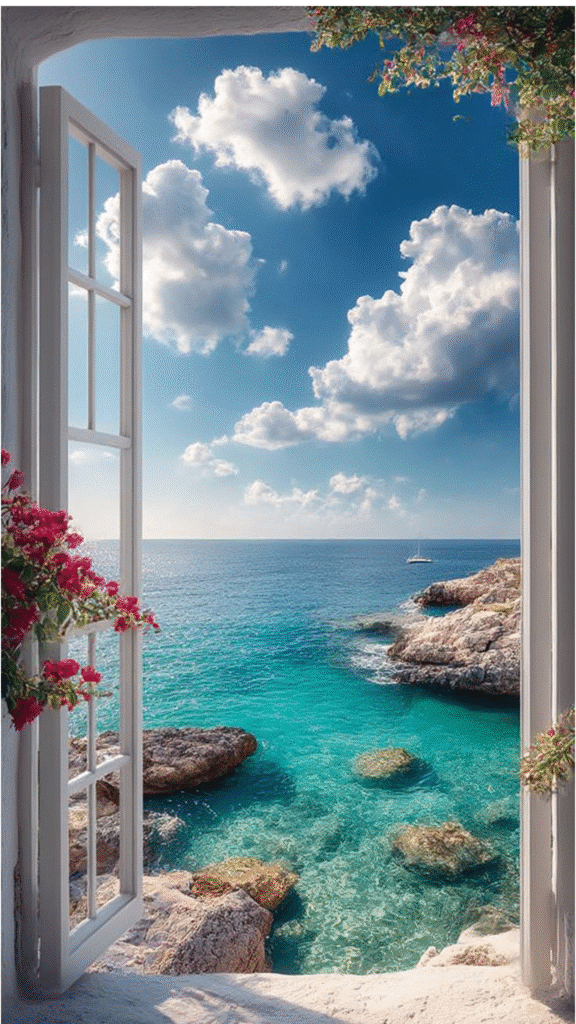 Open window view of a serene turquoise sea and rocky coastline with a clear blue sky and fluffy clouds.