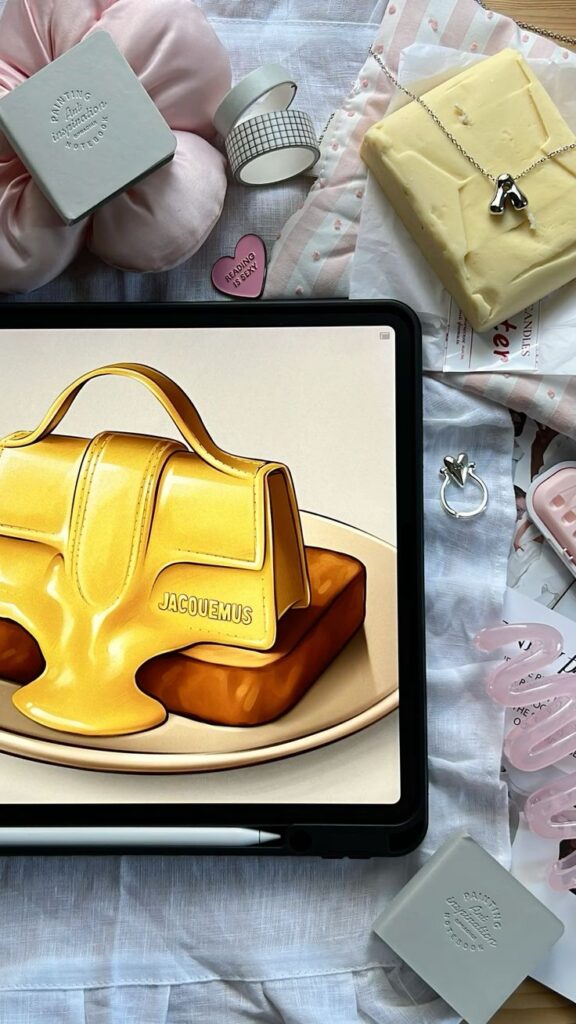 Digital art of a melting yellow handbag inspired by Jacquemus, displayed on an iPad among stylish accessories.