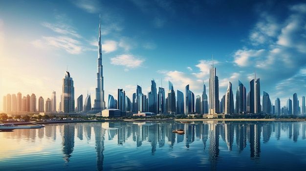 Modern city skyline with tall skyscrapers reflecting on a calm lake under a clear blue sky.