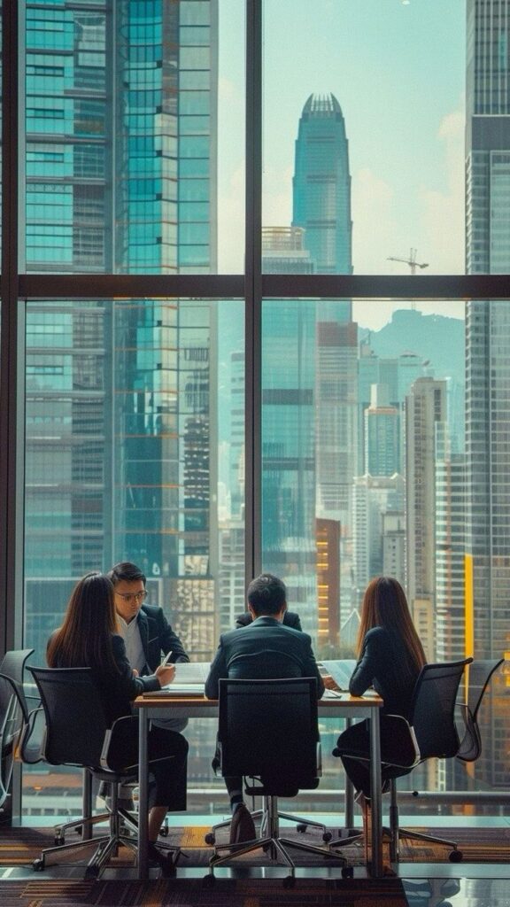 Business meeting in a modern office with a cityscape view through large windows.