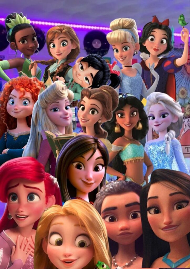 Animated princesses group photo with diverse hairstyles and colorful outfits, smiling in a whimsical setting.