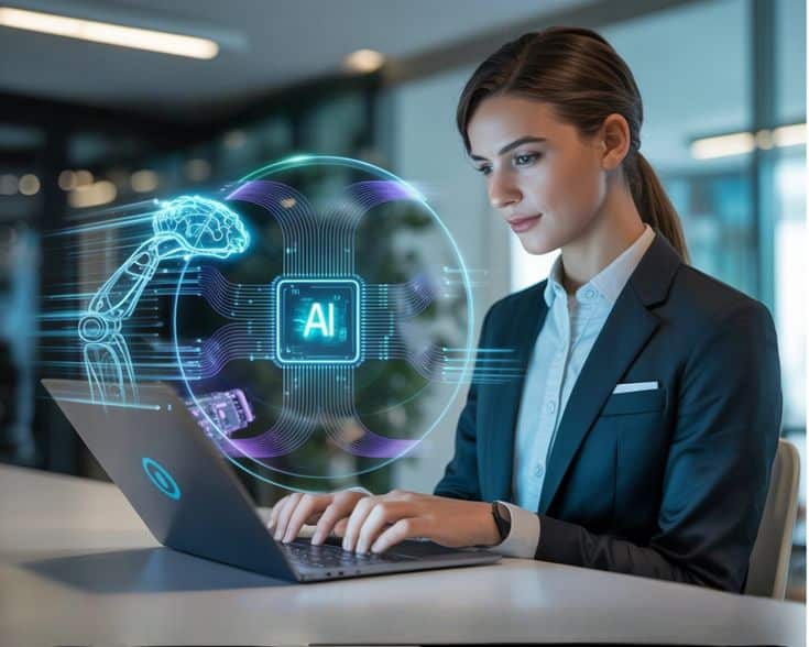 Businesswoman using AI technology on laptop in modern office.