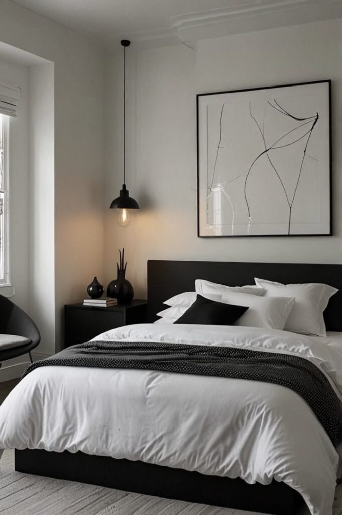 Modern bedroom with black and white decor, abstract wall art, and bedside lamp. Cozy and stylish interior design.
