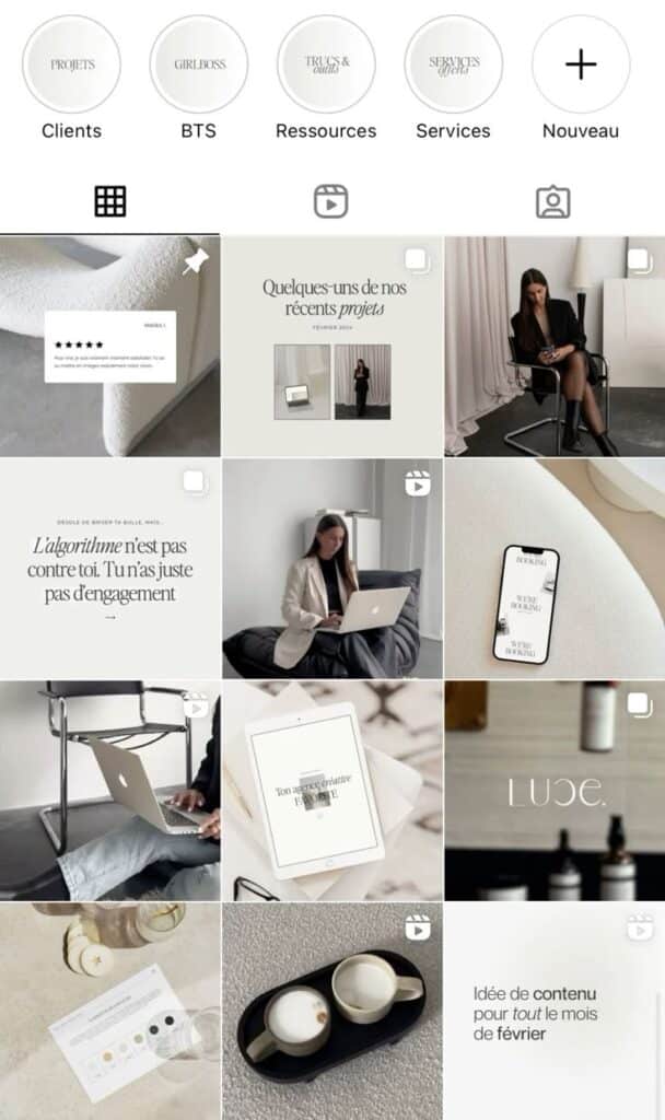 Instagram feed with minimalist design showcasing projects, quotes, and creative agency content.