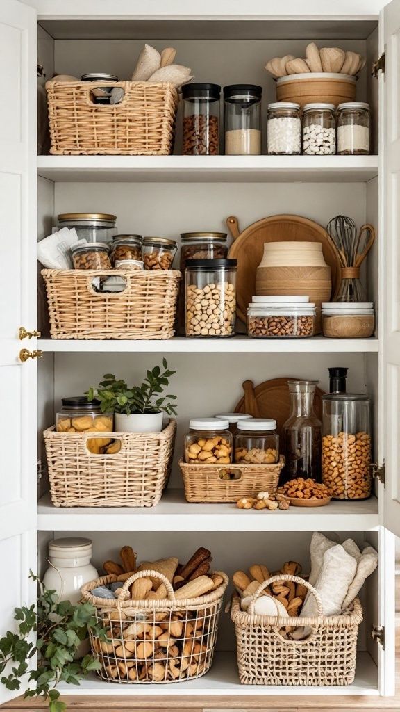 Organized pantry with wicker baskets and jars filled with nuts, grains, and snacks, providing a neat storage solution.