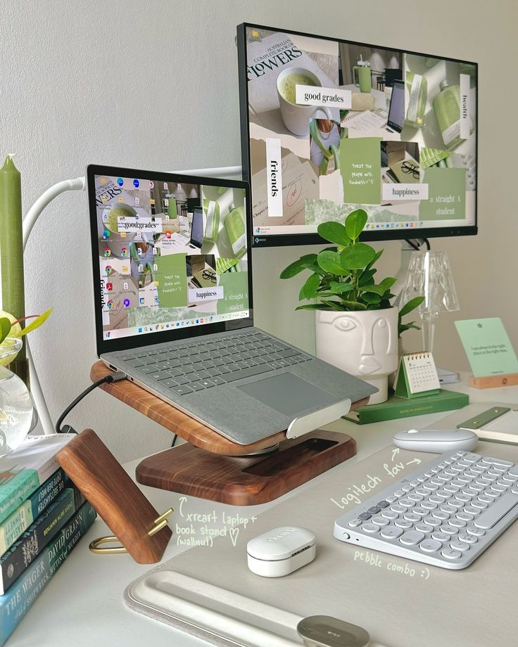 Modern home office setup with dual screens, wooden laptop stand, keyboard, mouse, and decorative plant.