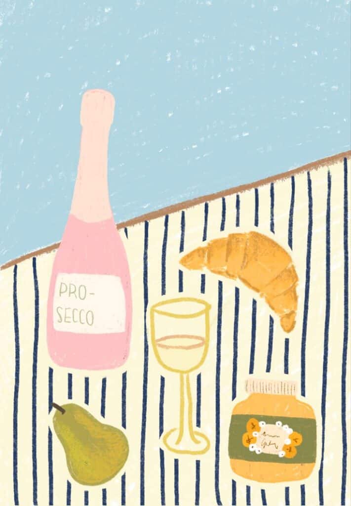 Illustration of a brunch spread with prosecco, croissant, pear, wine glass, and jam jar on a striped tablecloth.