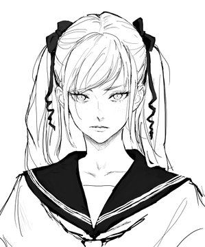 Black and white sketch of a girl in a sailor uniform with pigtails and ribbons, looking serious.