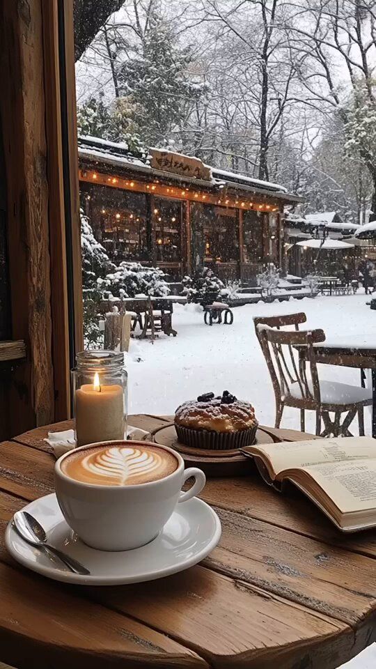 Cozy cafe scene with coffee, muffin, candle, and an open book inside, snow falling outside the window in winter.