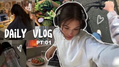 Daily vlog collage: woman on laptop, succulent garden, riding a bike, healthy meal, water bottle, and headphones.