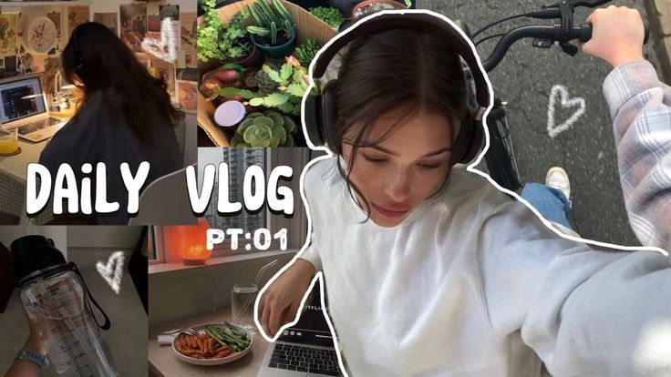 🌷 Daily vlog collage: woman on laptop, succulent garden, riding a bike, healthy meal, water bottle, and headphones. | Sky Rye Design Daily vlog collage: woman on laptop, succulent garden, riding a bike, healthy meal, water bottle, and headphones.