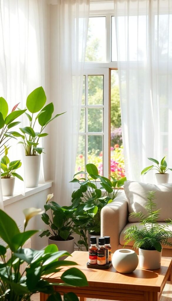 Bright living room with houseplants, sunlight, beige sofa, and wooden table. Cozy indoor garden vibe.