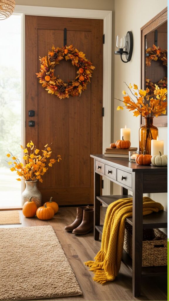 Cozy fall entryway with autumn wreath, pumpkins, candles, and warm decor. Perfect for seasonal home inspiration.