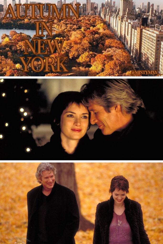 Autumn in New York: Scenic fall cityscape with romantic couple moments in a park setting, vibrant foliage.