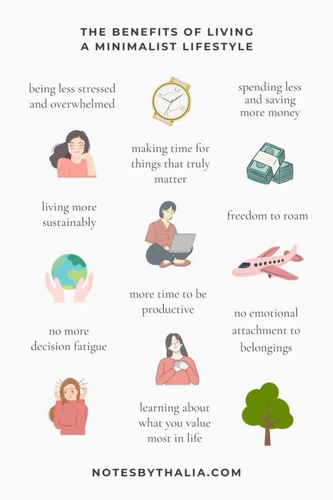 Benefits of minimalism: stress reduction, time for essentials, savings, productivity, sustainability, and freedom.
