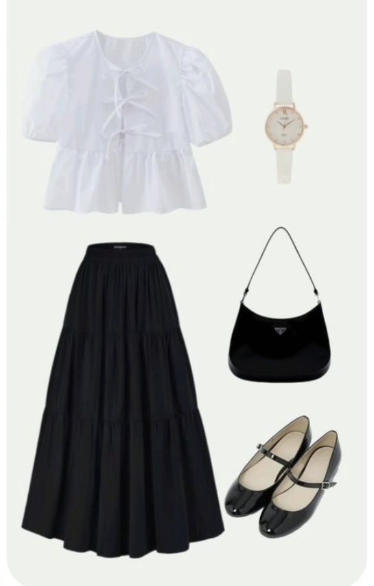 White blouse, black skirt, purse, and shoes with a watch for a chic outfit ensemble.