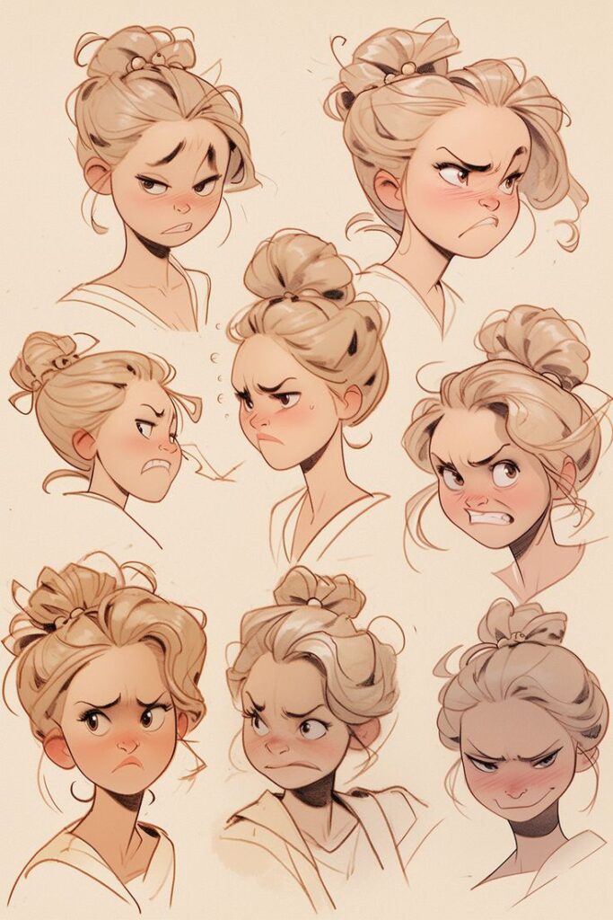 Cartoon girl with bun hairstyle showing different angry expressions, hand-drawn character sketch collection.