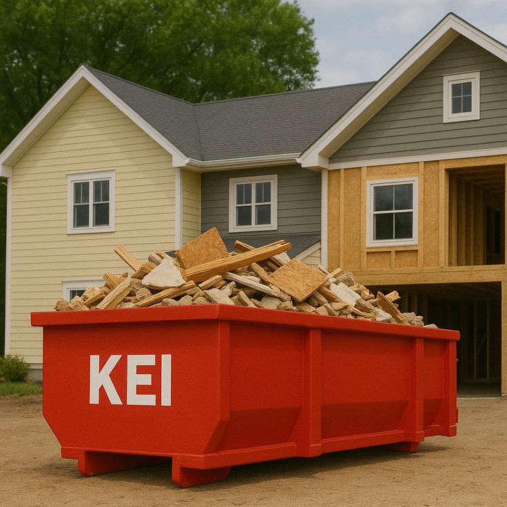 Red dumpster filled with construction debris in front of a suburban house under renovation.
